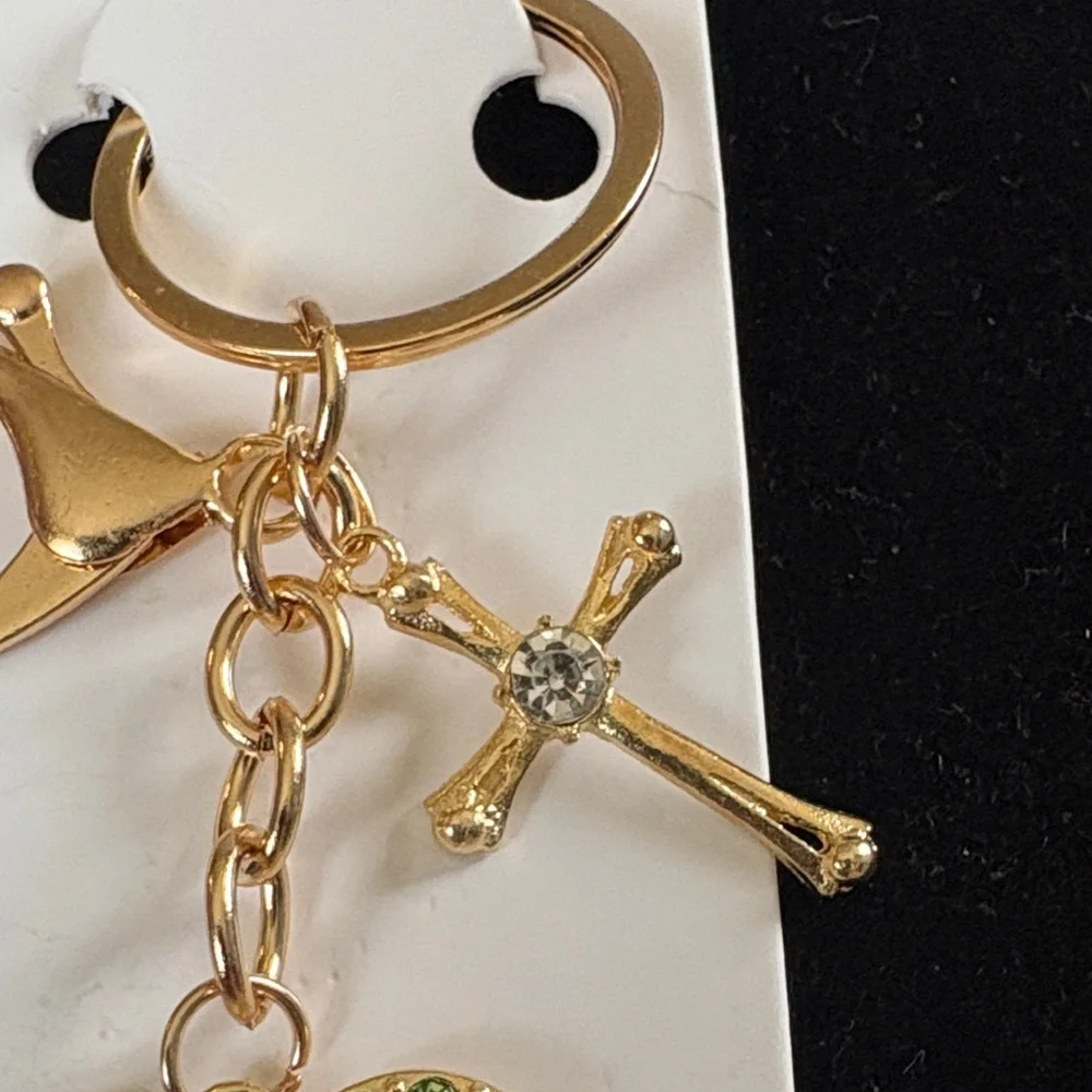 Mint Gold and Green Heart Keychain with Cross Charm - Picture 2 of 4